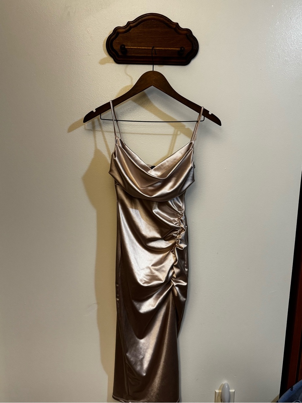 Windsor Metallic Taupe Satin Cowl Midi Dress